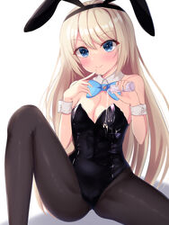  absurdres animal_ears black_leotard black_pantyhose blonde_hair blue_bow blue_bowtie blue_eyes bow bowtie breasts cleavage detached_collar fake_animal_ears female finger_to_mouth highres kuon_(kuon) leotard long_hair lotion masquerade_channel medium_breasts pantyhose playboy_bunny rabbit_ears rabbit_tail simple_background sitting solo spill strapless strapless_leotard tail virtual_youtuber white_background wrist_cuffs yumemiya_alice 