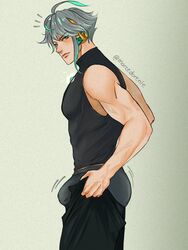  1boy ahoge alhaitham_(genshin_impact) artist_name biceps black_shirt boxer_briefs bulge bulge_lift closed_mouth compression_shirt crystal from_side genshin_impact green_eyes green_hair grey_hair hair_over_one_eye highres i&#039;ve_never_seen_a_guy_recreate_this_successfully_tbh_(meme) male_focus male_underwear mandarin_collar marcedorenie meme motion_lines multicolored_hair muscular muscular_male open_clothes shirt short_hair simple_background sleeveless sleeveless_shirt solo swept_bangs twitter_username two-tone_hair underwear veins veiny_arms veiny_hands 