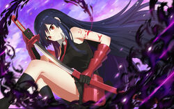  akame_(akame_ga_kill!) akame_ga_kill! black_gloves black_shirt black_skirt black_socks blue_hair blurry blurry_foreground breasts collared_shirt female floating_hair gloves hair_between_eyes highres holding holding_sheath holding_sword holding_weapon katana kneehighs lisong_shen long_hair medium_breasts miniskirt necktie parted_lips photoshop_(medium) pleated_skirt red_eyes red_necktie sheath shirt skirt sleeveless sleeveless_shirt socks solo straight_hair sword unsheathing very_long_hair weapon wing_collar 