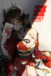  2021 against_wall animal_ears between_breasts black_hair black_sash breasts chinese_zodiac cleavage closed_mouth collarbone commentary_request cow_ears ear_tag expressionless female floral_print hand_up happy_new_year heart_(organ) highres holding holding_heart_(organ) horns japanese_clothes jewelry kimono long_hair looking_at_viewer medium_breasts new_year obi on_floor one_eye_closed one_eye_covered original print_kimono red_eyes red_kimono ring sash sayagata sitting slit_pupils solo twitter_username very_long_hair year_of_the_ox zenmaibook 