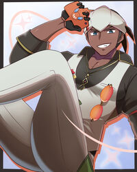  1boy black_hair black_shirt collarbone collared_shirt commentary_request dark-skinned_male dark_skin earrings eyewear_hang grey_pants grey_vest grin headband highres holding holding_phone jewelry looking_at_viewer male_focus official_alternate_costume pants phone pokemon pokemon_masters_ex raihan_(anniversary_2022)_(pokemon) raihan_(pokemon) rotom rotom_phone saon101 shirt short_hair sleeves_rolled_up smile sunglasses teeth undercut unworn_eyewear vest white_headband 