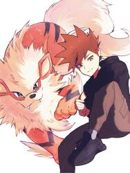  1boy arc_draws arcanine black_footwear blue_oak brown_eyes brown_hair brown_pants closed_mouth commentary_request grey_legwear highres hood hood_down invisible_chair long_sleeves male_focus pants pokemon pokemon_(creature) pokemon_hgss shoes short_hair sitting smile sneakers socks spiked_hair white_background 