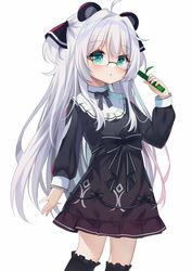  :o absurdres animal_ears black_bow black_dress black_socks bow chiwa_(pandaclip) commentary_request dress female frilled_dress frilled_socks frills glasses green_eyes hair_between_eyes hand_up highres holding ikazu401 kneehighs long_hair long_sleeves looking_at_viewer original pandaclip:_the_black_thief parted_lips puffy_long_sleeves puffy_sleeves simple_background socks solo two_side_up very_long_hair white_background white_hair 