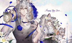  1boy 2021 2girls animal_ears arknights asymmetrical_hair black_choker black_skirt blue_flower blue_ribbon blue_rose bouquet bracelet braid buttons chinese_commentary choker cliffheart_(arknights) closed_mouth coat collarbone collared_shirt commentary_request earrings english_commentary falling_petals flower green_ribbons grey_eyes grey_hair hair_flower hair_ornament hands_up happy_new_year high-waist_skirt highres holding holding_bouquet jewelry lamppost leaning_forward leopard_boy leopard_ears leopard_girl light_smile long_hair looking_at_viewer medium_hair mixed-language_commentary multiple_girls new_year open_clothes open_coat open_mouth outdoors petals ponytail pramanix_(arknights) puffy_short_sleeves puffy_sleeves railing red_ribbon ribbon rose shirt short_sleeves silverash_(arknights) single_braid single_earring skirt sleeves_rolled_up smile spade-m teeth upper_body upper_teeth_only waistcoat white_flower white_shirt 