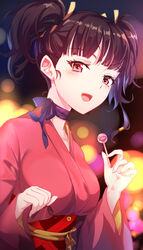  bloom blunt_bangs breasts brown_hair candy choker collarbone female festival floral_print food from_side hagha highres holding holding_candy holding_food holding_lollipop japanese_clothes kimono koutetsujou_no_kabaneri lollipop looking_at_viewer medium_breasts mumei_(kabaneri) nape night open_mouth pink_eyes pink_kimono purple_ribbon ribbon ribbon_choker sash short_kimono short_twintails smile solo twintails upper_body 