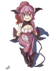  :3 bat_wings black_wings boots breasts cleavage colored_inner_hair dress female full_body head_wings high_heel_boots high_heels highres large_breasts multicolored_hair pantyhose pink_hair pink_pantyhose signature sitting solo sumire_(yakunitatsu_node_chi_o_kudasai) toshiorange1 vampire vietnamese_dress white_dress wings yakunitatsu_node_chi_o_kudasai 