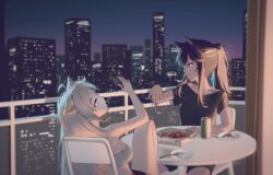  2girls animal_ears arknights bandeau bare_arms bare_shoulders black_hair black_shirt can cigarette city commentary_request grey_hair highres holding kfc lappland_(arknights) mouth_hold multiple_girls night outdoors railing shirt siguya sky strapless table texas_(arknights) tube_top wolf_ears 