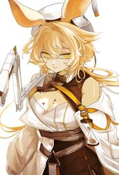  animal_ears arknights bare_shoulders blonde_hair blood breasts cleavage closed_eyes crossed_bangs dorothy_(arknights) female hair_between_eyes hat highres large_breasts long_hair looking_at_viewer mouse_ears mouse_girl nosebleed shirt simple_background solo ub_orca white_background white_hat white_shirt yellow_eyes 