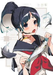  animal aqua_hair black_eyes black_hair black_sailor_collar blood blood_on_face braid collarbone colored_inner_hair commentary_request eating empty_eyes female fish food_bite gills great_white_shark hands_up headset high_ponytail highres holding holding_animal holding_fish long_hair looking_at_viewer multicolored_hair neckerchief notched_ear open_mouth original pointy_ears ponytail red_neckerchief sailor_collar sardine school_uniform serafuku shark sharp_teeth shirt short_sleeves solo teeth upper_body white_hair white_shirt zenmaibook 