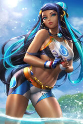  aqua_eyes artist_name bare_shoulders bike_shorts black_hair blue_eyes blue_gloves blue_hair breasts collarbone commentary crescent crescent_hair_ornament crop_top dark-skinned_female dark_skin day earrings english_commentary eyeshadow female forehead gloves hair_bun hair_ornament hairclip holding holding_poke_ball hoop_earrings jewelry leaning_forward linea_alba long_hair makeup medium_breasts multicolored_hair navel necklace neoartcore nessa_(pokemon) outdoors parted_lips photoshop_(medium) poke_ball poke_ball_(basic) pokemon pokemon_swsh red_lips see-through see-through_sports_bra single_glove single_hair_bun smile solo splashing sports_bra stomach sunlight thighs toned two-tone_hair very_long_hair water 