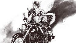  abs absurdres baldur&#039;s_gate baldur&#039;s_gate_3 bra caio_santos demon_girl demon_horns demon_tail dungeons_&amp;_dragons gloves highres horns jacket jacket_on_shoulders karlach looking_at_viewer monochrome motor_vehicle motorcycle muscular muscular_female pointy_ears scar tail tiefling underwear 