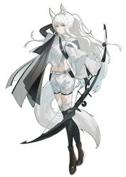  absurdres animal_ears arknights black_footwear black_gloves boots bow_(weapon) brown_eyes commentary_request female full_body gloves highres horse_ears jacket long_hair long_sleeves looking_at_viewer midriff naoel_(naoel_art) navel platinum_(arknights) ponytail shorts simple_background solo standing stomach tail thighhighs very_long_hair weapon white_background white_hair white_jacket white_shorts wide_sleeves 