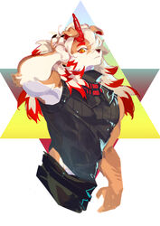  1boy absurdres arknights bara black_pants black_shirt chinese_commentary claws colored_tips commentary_request crrispy_shark furry furry_male hair_over_one_eye hand_in_own_hair highres horns hung_(arknights) komainu_boy komainu_ears looking_at_viewer male_focus multicolored_hair muscular muscular_male one_eye_covered orange_eyes pants pectorals shirt single_horn sleeveless sleeveless_shirt 