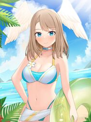  absurdres beach bikini blue_eyes blue_sky blush breasts cloud day doughnut_innertube eunie_(xenoblade) female head_wings highres keaworks large_breasts leaf outdoors see-through sky solo swimsuit white_wings wings xenoblade_chronicles_(series) xenoblade_chronicles_3 