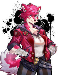  alternate_species anthro bandage blue_eyes bottomwear canid canine canis chest_tuft clothing ear_piercing facial_piercing female female_anthro furrification hair hand_in_pocket hi_res jacket kamikami kemono league_of_legends looking_at_viewer mammal nose_piercing pants piercing pink_body pink_hair pockets riot_games solo tencent topwear tuft vi_(lol) wolf 