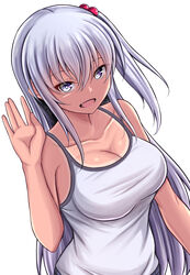  absurdres bare_arms breasts cleavage collarbone commentary_request female grey_eyes grey_hair hair_between_eyes hair_bobbles hair_ornament highres kanna_(minamozuki) large_breasts long_hair looking_at_viewer oerba_yun_fang open_mouth original sidelocks simple_background smile solo standing tan tank_top tanlines very_long_hair waving white_background white_tank_top 