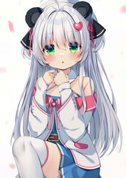  :o absurdres ahoge animal_ears bare_shoulders belt belt_buckle blue_dress blush brown_belt buckle chiwa_(pandaclip) commentary_request dress feet_out_of_frame female green_eyes grey_background hair_between_eyes hair_intakes hair_ornament halterneck hands_up heart heart_hair_ornament highres ikazu401 jacket layered_sleeves long_sleeves looking_at_viewer off-shoulder_jacket off_shoulder original pandaclip:_the_black_thief parted_lips simple_background sleeves_past_wrists solo thighhighs white_hair white_jacket white_thighhighs 