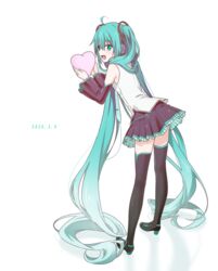  39 :d absurdly_long_hair ahoge bent_over black_footwear black_skirt black_sleeves blue_eyes blue_hair boots commentary dated detached_sleeves female full_body hair_between_eyes hair_over_shoulder hatsune_miku hatsune_miku_(vocaloid4)_(chinese) headphones heart highres holding long_hair long_sleeves miniskirt open_mouth pleated_skirt shirt simple_background skirt sleeveless sleeveless_shirt smile so_ra_01_02 solo thigh_boots thighhighs twintails very_long_hair vocaloid white_background white_shirt zettai_ryouiki 