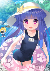  1boy 2girls black_one-piece_swimsuit blonde_hair blue_hair blunt_bangs brown_hair camera collarbone commentary_request furude_rika gaou_(babel) hat heart heart_in_eye higurashi_no_naku_koro_ni holding holding_camera houjou_satoko innertube long_hair looking_at_viewer multiple_girls name_tag one-piece_swimsuit open_mouth purple_eyes school_swimsuit short_hair smile swim_ring swimsuit symbol_in_eye tomitake_jirou white_headwear 