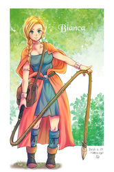  armlet belt bianca_(dq5) blonde_hair boots bracelet braid cape choker commentary_request defense_zero dragon_quest dragon_quest_v female full_body green_eyes hair_over_shoulder jewelry long_hair orange_cape side_braid single_braid socks whip 