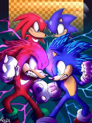  absurd_res anthro black_eyes blue_body blue_eyes blue_fur checkered checkered_background classic_knuckles classic_sonic classic_sonic_(universe) clenched_teeth clothing duo echidna electricity eulipotyphlan face_off footwear fur glaring gloves handwear hedgehog hi_res kayllacat knuckles_the_echidna lightning male mammal monotreme paramount_pictures pattern_background purple_eyes quills_(anatomy) red_body red_fur sega shoes simple_background socks sonic_the_hedgehog sonic_the_hedgehog_(film) sonic_the_hedgehog_(series) sonic_the_hedgehog_2_(film) stare tan_body tan_skin teeth 