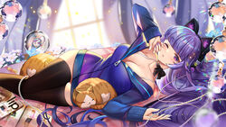  ahoge animal_ear_fluff animal_ears arena_of_valor armpits bare_shoulders bed bed_sheet blue_hair blunt_bangs blurry blurry_background blush bow braid breasts cat_ears cat_tail choker cleavage closed_mouth collarbone cone_hair_bun cup curtains depth_of_field detached_sleeves double_bun dress fake_animal_ears female fishnets floral_print flower food hair_between_eyes hair_bun hair_ornament hair_ribbon hairband hairbow hanh_chu hat holding indoors jacket japanese_clothes jewelry kimono large_breasts long_hair long_sleeves looking_at_viewer lying medium_breasts multicolored_hair nail_polish navel obi off_shoulder official_alternate_costume on_back on_bed on_side on_stomach open_clothes open_mouth pantyhose parted_lips pillow purple_eyes purple_hair ribbon sash shirt sidelocks sinestrea_(arena_of_valor) sitting skirt sleeves_past_wrists smile solo stuffed_toy tail thighhighs thighs twintails underwear very_long_hair wide_sleeves window yellow_eyes 