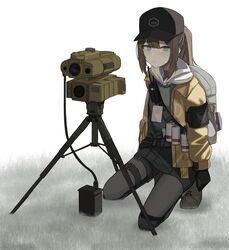  a_iri_a backpack bag brown_hair commentary_request commission dima_(girls&#039;_frontline) expressionless female full_body girls&#039;_frontline gloves grey_eyes hair_between_eyes hat kneeling long_sleeves looking_at_viewer pantyhose ponytail skeb_commission solo tom_clancy&#039;s_the_division 