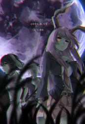  3girls absurdres animal_ears asymmetrical_clothes back belt black_belt black_hair black_sleeves blazer blue_dress blue_headwear blue_sleeves bow_(weapon) braid braided_ponytail breasts brown_eyes buttons carrot_necklace chromatic_aberration closed_mouth collar dated dress glowing glowing_eyes grass grey_hair hat highres inaba_tewi jacket jewelry long_hair long_sleeves looking_at_viewer looking_away looking_to_the_side medium_breasts moon multicolored_clothes multicolored_dress multiple_girls necklace necktie night night_sky nurse_cap otomeza_ryuseigun pink_dress pink_eyes pink_skirt pink_sleeves puffy_short_sleeves puffy_sleeves rabbit_ears red_dress red_sleeves reisen_udongein_inaba shirt short_hair short_sleeves skirt sky smile standing touhou weapon white_shirt yagokoro_eirin 