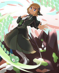  blue_eyes brown_hair closed_mouth commentary_request dress energy eyelashes female green_dress hair_ornament highres long_sleeves medium_hair official_alternate_costume outstretched_arm pantyhose pokemon pokemon_(creature) pokemon_masters_ex saon101 serena_(pokemon) serena_(sygna_suit)_(pokemon) shoes smile standing white_legwear zygarde zygarde_(complete) zygarde_core 