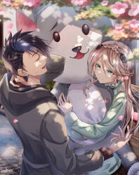  1boy aqua_eyes bench black_hair black_jacket blonde_hair blush braid closed_eyes closed_mouth commentary couple cowboy_shot crown_braid dappled_sunlight day earrings eiyuu_densetsu elaine_auclair english_commentary female flower green_jacket hair_between_eyes highres holding holding_stuffed_toy hood hooded_jacket jacket jewelry kuro_no_kiseki long_hair looking_at_another mishy mixed-language_commentary open_mouth outdoors oversized_object petals short_hair sitting smile spiked_hair standing straight stuffed_animal stuffed_toy sunlight sweatdrop swept_bangs upper_body van_arkride white_day willfin 