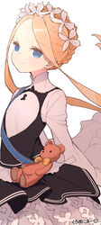  abigail_williams_(fate) abigail_williams_(festival_outfit)_(fate) absurdres alternate_costume black_skirt blonde_hair blue_eyes braid breasts crown_braid dress enmaided fate/grand_order fate_(series) female forehead highres keyhole kuronuko_neero layered_skirt long_hair looking_at_viewer maid maid_headdress parted_bangs sash sidelocks skirt sleeves_past_fingers sleeves_past_wrists small_breasts smile solo stuffed_animal stuffed_toy teddy_bear very_long_hair white_dress 