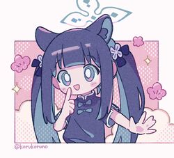  :d animal_ear_fluff animal_ears black_dress black_hair blue_archive blue_bow blue_eyes blue_hair bow chibi commentary_request dress female halo hand_up highres index_finger_raised koru_koruno long_hair multicolored_hair pink_background short_sleeves shun_(blue_archive) shun_(small)_(blue_archive) smile solo sparkle twintails twitter_username two-tone_hair upper_body very_long_hair 