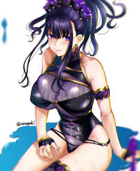  aona_(anagasaki) armlet bad_id bad_pixiv_id bare_shoulders black_gloves black_one-piece_swimsuit breasts covered_navel fate/grand_order fate_(series) female fingerless_gloves flower gloves gold_trim hair_flower hair_ornament hair_up half_gloves highleg highleg_swimsuit highres large_breasts long_hair looking_at_viewer murasaki_shikibu_(fate) murasaki_shikibu_(swimsuit_rider)_(fate) murasaki_shikibu_(swimsuit_rider)_(first_ascension)_(fate) one-piece_swimsuit purple_eyes purple_hair solo swimsuit thighs tied_hair 