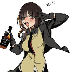  banssee black_gloves blush breasts commentary_request cowboy_shot drunk eyepatch female girls&#039;_frontline gloves highres jack_daniel&#039;s korean_commentary korean_text looking_at_viewer m16a1_(girls&#039;_frontline) tongue tongue_out white_background yellow_eyes 