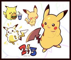  :3 :d art_shift artsy-rc black_border border burger commentary cup dated drinking_glass drinking_straw english_commentary food highres holding holding_food looking_at_viewer no_humans open_mouth pikachu pikachu_day pixel_art pokemon pokemon_(creature) signature smile 