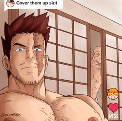  2boys absurdres bara boku_no_hero_academia chest_hair cover_them_up_slut_(meme) dialogue_box endeavor_(boku_no_hero_academia) facial_hair heart highres indoors large_pectorals leotordo_(leotordoart) looking_at_viewer male_focus mature_male meme multiple_boys muscular muscular_male nude pectoral_focus pectorals red_hair scar scar_across_eye short_hair sideburns solo_focus spiked_hair stubble tiktok todoroki_natsuo upper_body user_interface 