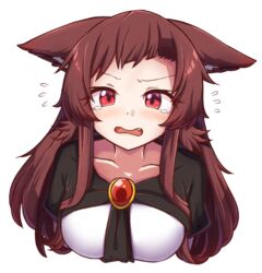  animal_ears blush breasts brooch brown_hair collarbone commentary cropped_arms cropped_torso english_commentary female flying_sweatdrops imaizumi_kagerou jewelry looking_at_viewer oerba_yun_fang open_mouth red_eyes simple_background solo tears touhou upper_body wolf_ears wool_(miwol) 