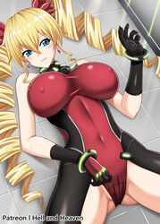  ass bare_shoulders black_gloves blonde_hair blue_eyes blush bodysuit bracelet breasts claire_harvey commentary covered_navel covered_nipples cowboy_shot drill_hair earrings elbow_gloves female gloves groin hair_between_eyes hair_ornament hand_up hellandheaven highres hundred_(light_novel) jewelry large_breasts leotard long_hair looking_at_viewer lying on_back patreon_username red_leotard shadow shiny_clothes skin_tight smile solo taut_leotard tile_floor tiles twin_drills 