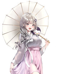  :d absurdres animal_on_shoulder bad_id bad_pixiv_id bird bird_on_shoulder blunt_bangs blush braid breasts commentary commission cowboy_shot english_commentary female grey_eyes grey_hair hair_over_shoulder hair_ribbon high-waist_skirt highres holding holding_umbrella lillly long_sleeves looking_at_viewer medium_breasts oil-paper_umbrella open_mouth original penguin pink_skirt ribbon silver_ribbon simple_background single_braid skirt skirt_hold smile solo umbrella white_background 