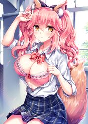  animal_ear_fluff animal_ears arm_up blue_skirt blush bow bowtie bra breasts brown_eyes cleavage collared_shirt commentary_request dress_shirt fate/extra fate_(series) female fox_ears fox_girl fox_tail fukase_ayaka hair_between_eyes hand_on_own_head indoors large_breasts long_hair looking_at_viewer miniskirt official_alternate_costume open_clothes open_shirt parted_lips pink_bra pink_hair plaid plaid_skirt pleated_skirt red_bow red_bowtie red_ribbon ribbon ribbon-trimmed_bra shirt short_sleeves sidelocks sitting skirt smile solo striped_bow striped_bowtie striped_clothes tail tamamo_(fate) tamamo_no_mae_(fate/extra) tamamo_no_mae_(jk)_(fate) twintails underwear wavy_hair white_shirt window wing_collar 