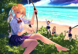  4girls amatani_mutsu arrow_(projectile) bare_legs barefoot beach black_legwear blonde_hair blue_eyes blue_skirt bow bow_(weapon) bowtie cloud commentary_request cooking day feet from_above from_behind kneehighs kneeling kujou_shion leaf long_hair looking_at_viewer miniskirt multiple_girls ocean official_art onishima_homare open_mouth outdoors outstretched_arms pleated_skirt pot red_bow red_bowtie sagara_riri scenery school_uniform shadow shirt skirt sky sleeves_rolled_up smile smoke socks sounan_desuka? suzumori_asuka sweater_vest thighhighs tree tropical twintails upper_body waving weapon white_legwear white_shirt 