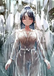  alternate_costume blue_hair blue_hat breasts closed_eyes closed_mouth collarbone commentary_request female futatsuki_eru hat highres iizunamaru_megumu japanese_clothes kimono long_hair long_sleeves meditation medium_breasts nature pointy_ears ritual sash smile solo tengu tokin_hat touhou water waterfall waterfall_shower wet wet_clothes white_kimono 