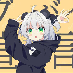  absurdres ahoge animal_ears arms_up black_hoodie blush_stickers brown_background chiwa_(pandaclip) commentary female goodbye_sengen_(vocaloid) green_eyes grey_hair hair_intakes highres hood hood_down hoodie ikazu401 long_hair long_sleeves looking_at_viewer ok_sign open_mouth original pandaclip:_the_black_thief puffy_long_sleeves puffy_sleeves sleeves_past_wrists solo teeth text_background two_side_up upper_body upper_teeth_only v 