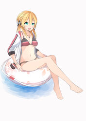  alternate_costume anchor_hair_ornament barefoot bikini black_bikini blonde_hair collarbone cross cross_necklace female green_eyes hair_between_eyes hair_ornament highres iron_cross jacket jewelry kantai_collection long_hair low_twintails multicolored_bikini multicolored_clothes multicolored_jacket myuto_(advent_retribution) navel necklace open_clothes open_jacket open_mouth prinz_eugen_(kancolle) red_bikini red_jacket sitting solo swimsuit twintails white_jacket 