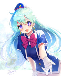  blue_dress blue_hair blue_hat blush bow bowtie breasts commentary_request commission dress earrings female gloves hat jewelry large_breasts long_hair maronie. medium_breasts open_mouth outstretched_arm purple_eyes red_bow red_bowtie short_sleeves skeb_commission solo tenjouin_katsura travel_attendant uniform white_gloves yat_anshin_uchuu_ryokou 