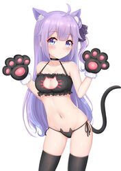  absurdres ahoge animal_ear_fluff animal_ears animal_hands animal_print azur_lane black_gloves black_thighhighs blue_eyes blush bra breasts cat_cutout cat_ear_panties cat_ears cat_lingerie cat_print cat_tail choker cleavage cleavage_cutout clothing_cutout collarbone contrapposto cowboy_shot female frilled_bra frills gloves groin heart_cutout highres long_hair looking_at_viewer medium_breasts meme_attire navel one_side_up panties paw_gloves print_panties purple_hair side-tie_panties simple_background solo standing tail thighhighs underwear unicorn_(azur_lane) very_long_hair white_background zeukiar 