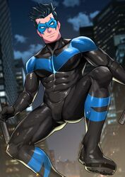  1boy batman_(series) black_bodysuit black_hair bodysuit boots closed_mouth dc_comics highres holding holding_weapon male_focus maorenc mask night night_sky nightwing outdoors sky smile solo spiked_hair toned toned_male weapon 