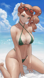  beach bikini breasts brown_hair cleavage covered_nipples curvy eyewear_on_head female green_bikini green_eyes hair_ornament heart heart_hair_ornament highres large_breasts looking_at_viewer navel ocean outdoors pokemon pokemon_swsh red-tinted_eyewear sand side_ponytail sitting solo sonia_(pokemon) strap_gap sunglasses swimsuit tan tanlines tinted_eyewear wariza water zefrableu 