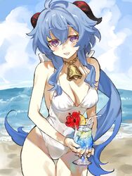  ahoge bare_arms beach bell blue_hair blue_nails blush breasts cleavage cocktail_glass cowbell cowboy_shot cup drinking_glass drinking_straw female flower food fruit ganyu_(genshin_impact) genshin_impact goat_horns hair_between_eyes hibiscus highres holding holding_cup horns long_hair looking_at_viewer low_ponytail medium_breasts neck_bell ocean one-piece_swimsuit open_mouth orange_(fruit) orange_slice outdoors purple_eyes sidelocks smile solo standing swimsuit talesofmea thigh_gap tropical_drink wavy_hair white_one-piece_swimsuit 