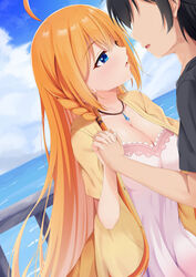  1boy ahoge black_hair black_shirt blue_eyes blue_sky blush braid breasts cleavage cloud collarbone day dress faceless faceless_male female highres holding_hands imminent_kiss jewelry large_breasts long_hair looking_at_another necklace ocean open_mouth orange_hair outdoors pecorine_(princess_connect!) pecorine_(real)_(princess_connect!) pink_dress princess_connect! shirt side_braid sky syurimp very_long_hair yellow_shirt yuuki_(princess_connect!) 